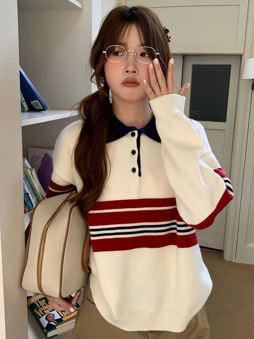 

Gagarich корейский полосатый вязаный свитер с длинными рукавами, женский осенний новый свободный мягкий универсальный пуловер в ленивом стиле