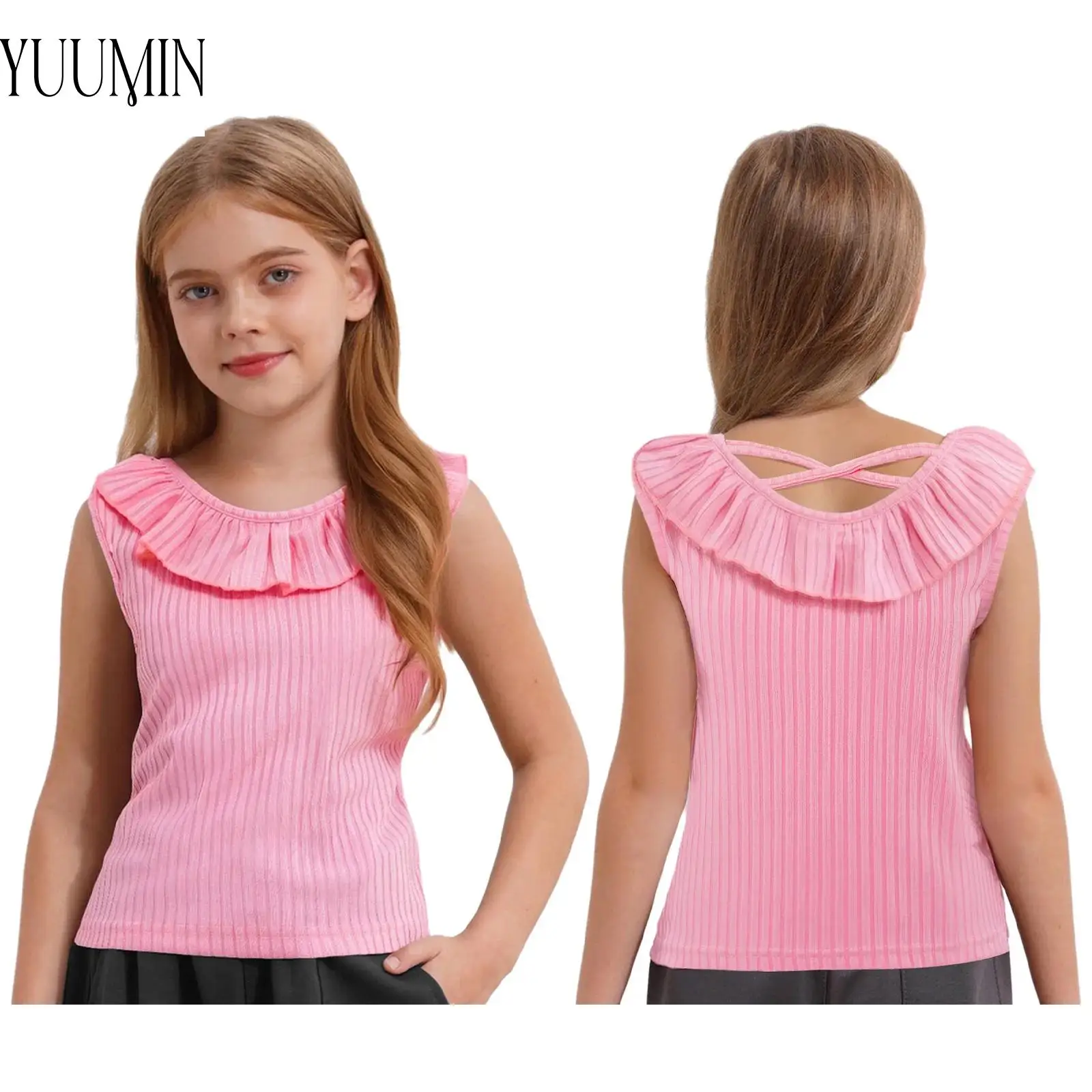 

Kids Girls Yoga Gym Sportswear Cute Ruffle Ribbed Tank Top Sleeveless Fashion Cross Back Vest for Vacation Beach Picnic Weekend