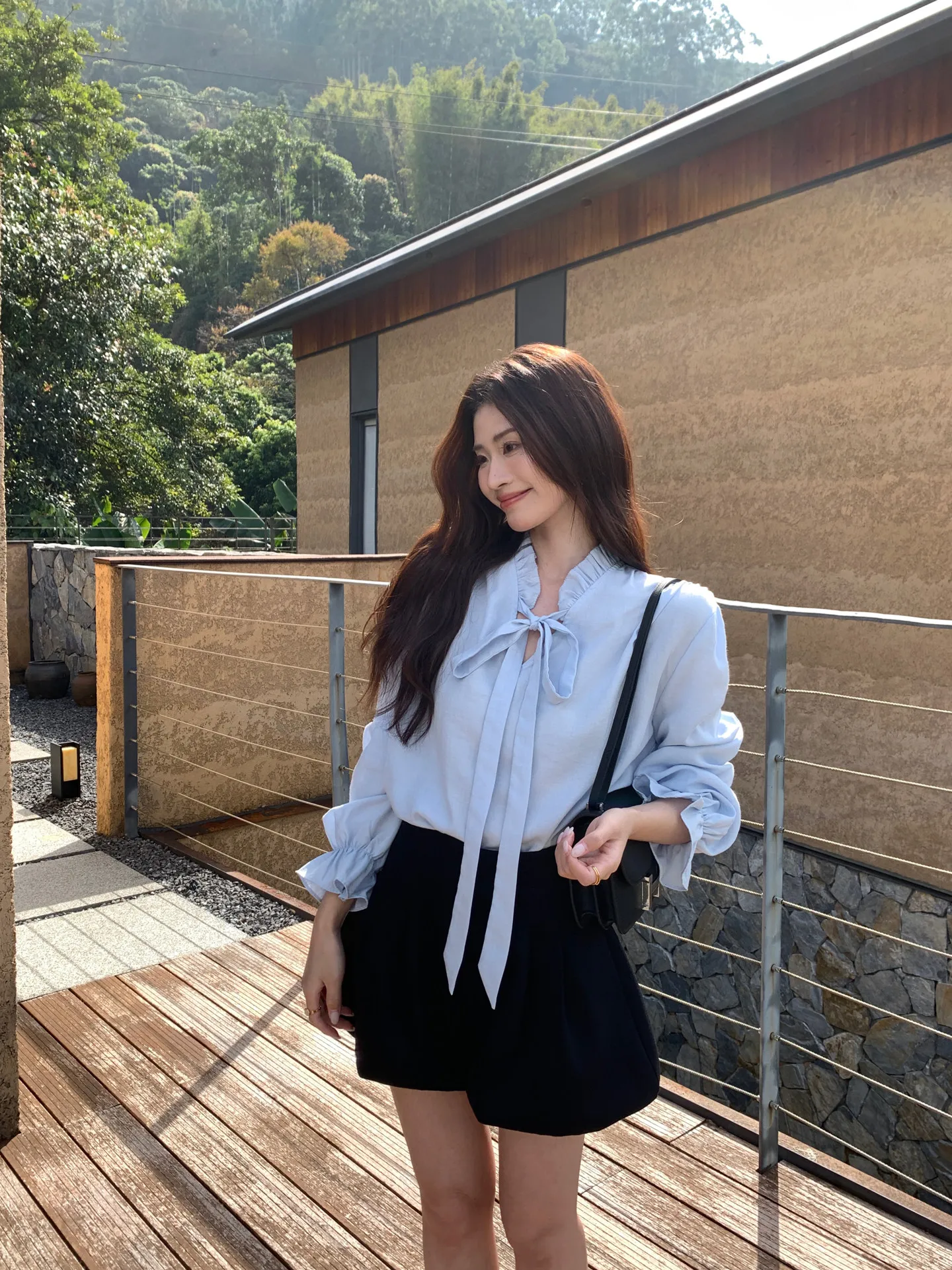 【WENRAN】Women's Light Blue Shirt Ruffle Trim Tie Neck Loose Stylish Blouse Summer Daily Wear view 5
