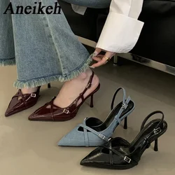 Aneikeh Designer Hollow Out Narrow Band Buckle Strap Pumps Women Sexy Pointed Toe Thin Heels Banquet Dress Mule Ladies Shoes