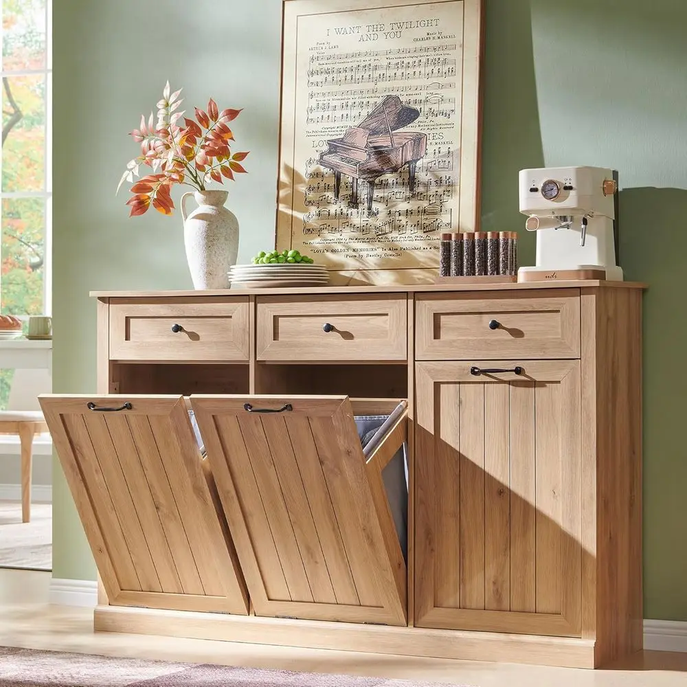 

Triple Bin Trash Can Cabinet with 20 Gallon Laundry Hamper, 3 Drawers, Adjustable Shelf & Storage Basket in Natural Wood