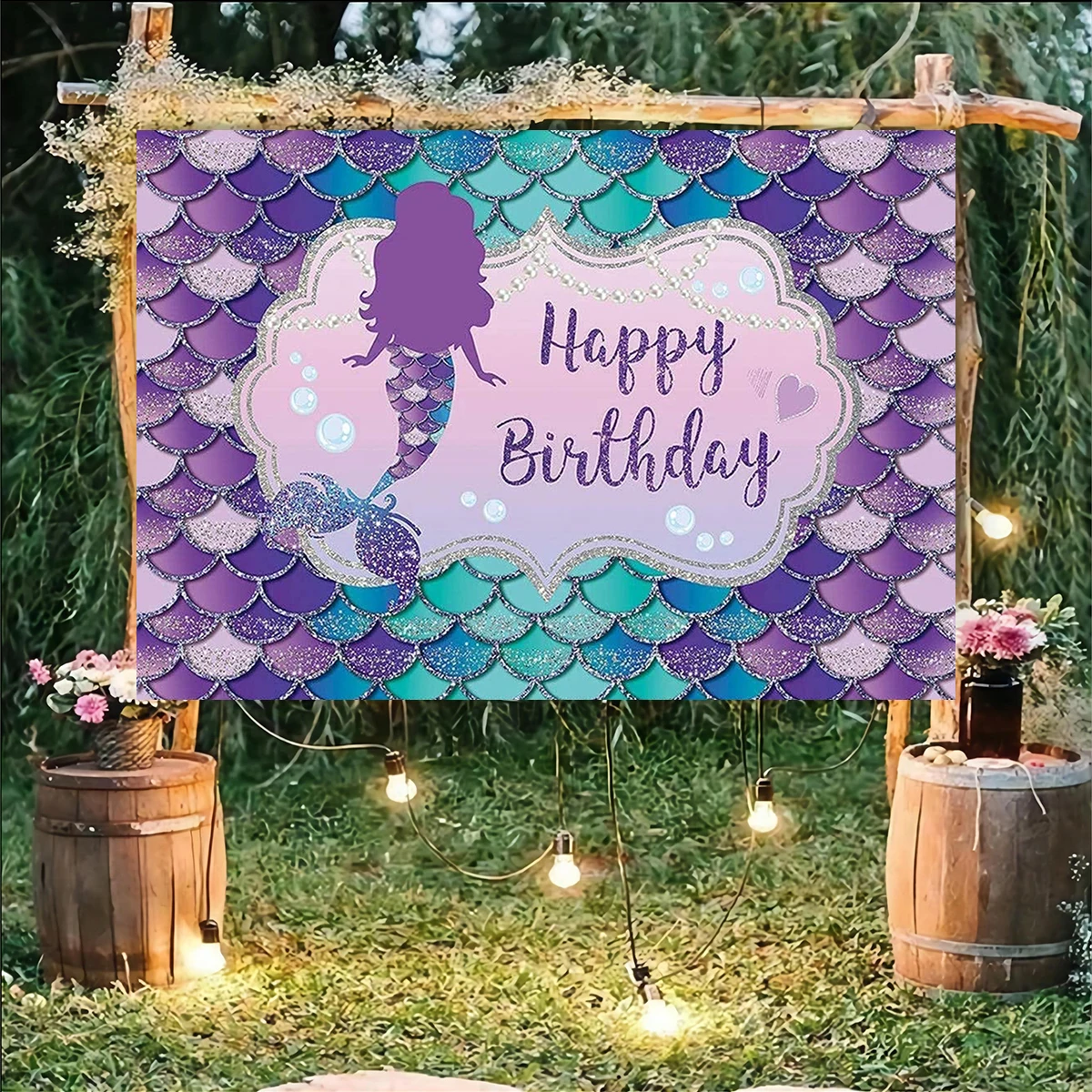 7x5ft Mermaid Backdrop for Girl Happy Birthday Party Under The Sea Background Glitter Blue Purple Scales Family Photography