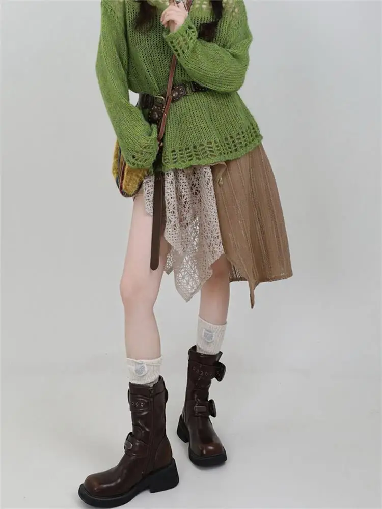 

Женский свободный длинный вязаный повседневный топ с вырезами, асимметричный комплект из двух предметов, юбка трапециевидной формы с высокой талией, авокадо