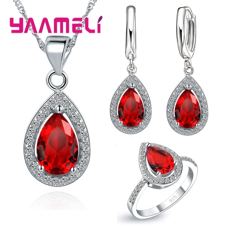 925 Sterling Silver Wedding Bridal Jewelry Sets CZ Crystal Water Drop Cubic Zircon Necklace Earrings Ring  Birthday Gifts