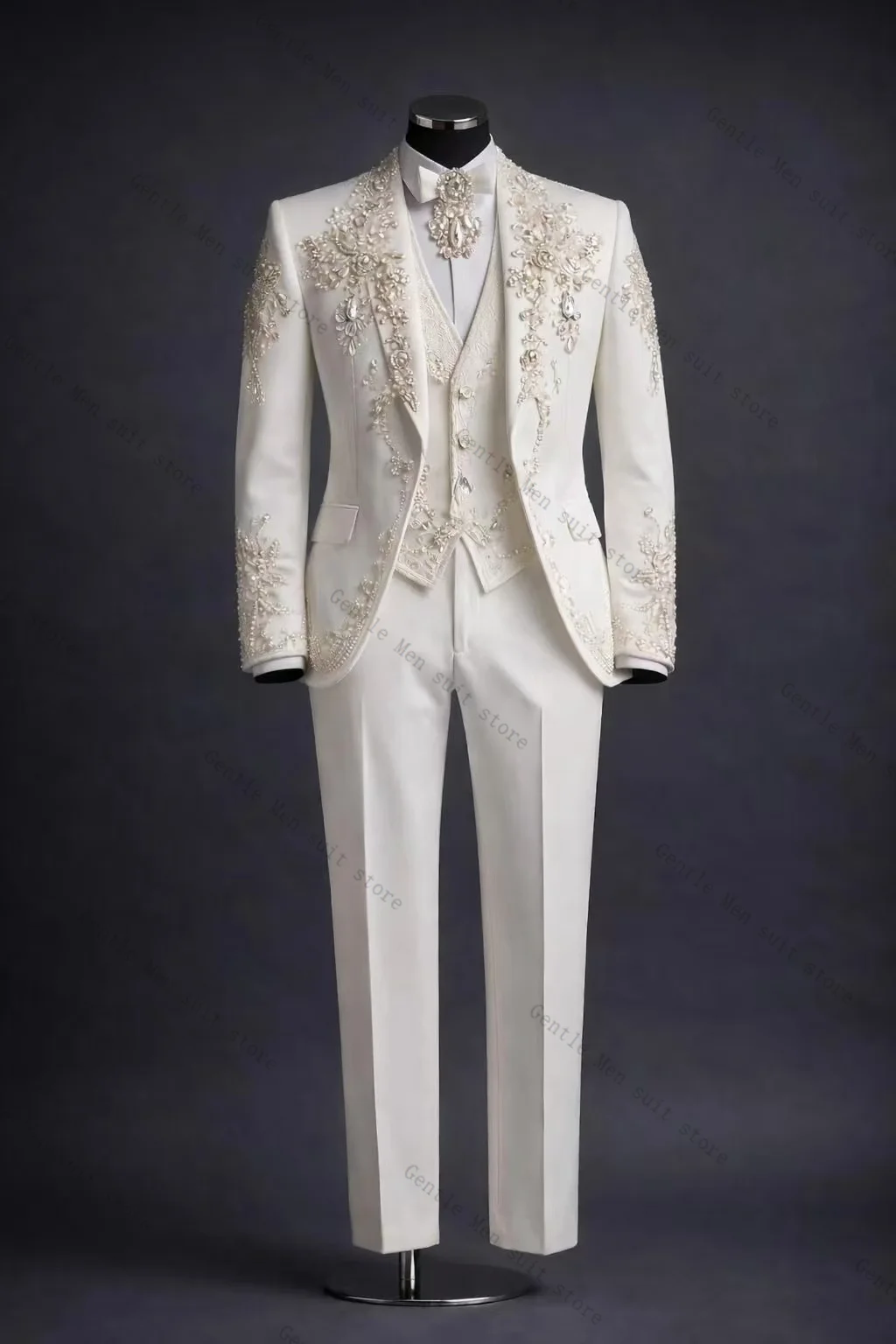 

Crystals White Men Suit Set 3 Pcs Vest+Blazer+Pants Trousers Groom Wedding Tuxedo Formal Office Business Jacket Coat Customized