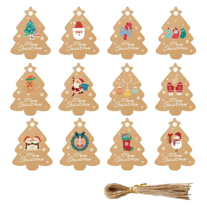 ポータブルクラフト紙クリスマスラベル、かわいい装飾品セット、クリスマスの休日のタグ、吊り下げ装飾、宿題