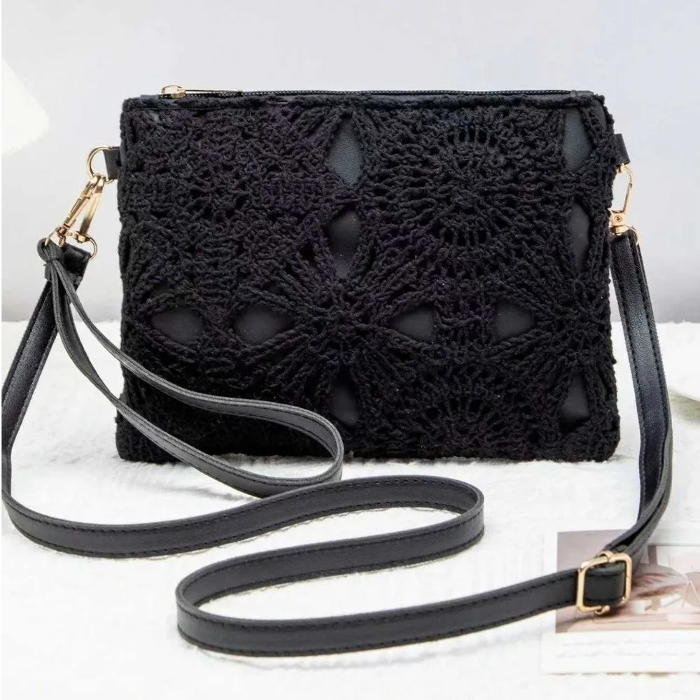 New Bohemian Style Hollow Woven Bag PU Leather Zipper Clousure Crossbody Bag Rectangular Shoulder Bag Vacation Outfits