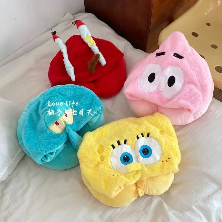 Kawaii Anime SpongeBob Hooded U-shaped Neck Pillow Cute Cartoon Travel Pillow Soft Foam Hat Pillow for Nap and Airplane Rest view 2