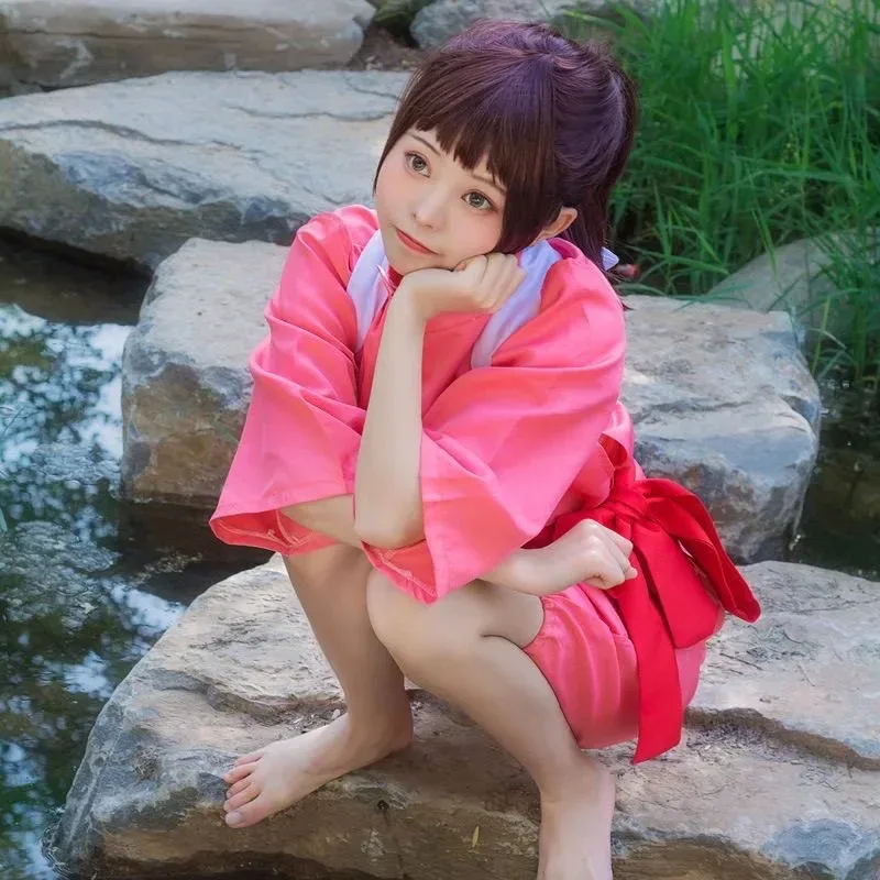 

Adult Anime Spirited Cosplay Suit wig Away Pink Kimono Takino Chihiro Show Kamikakushi Halloween Party Costumes for Women male5;
