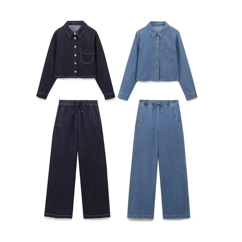 TRAF ZR Denim Set Woman Two Pieces Casual Elegant Long Sleeve Sets Women\'s Summer Suit Set Holiday Outfits Y2k Outfit Sets