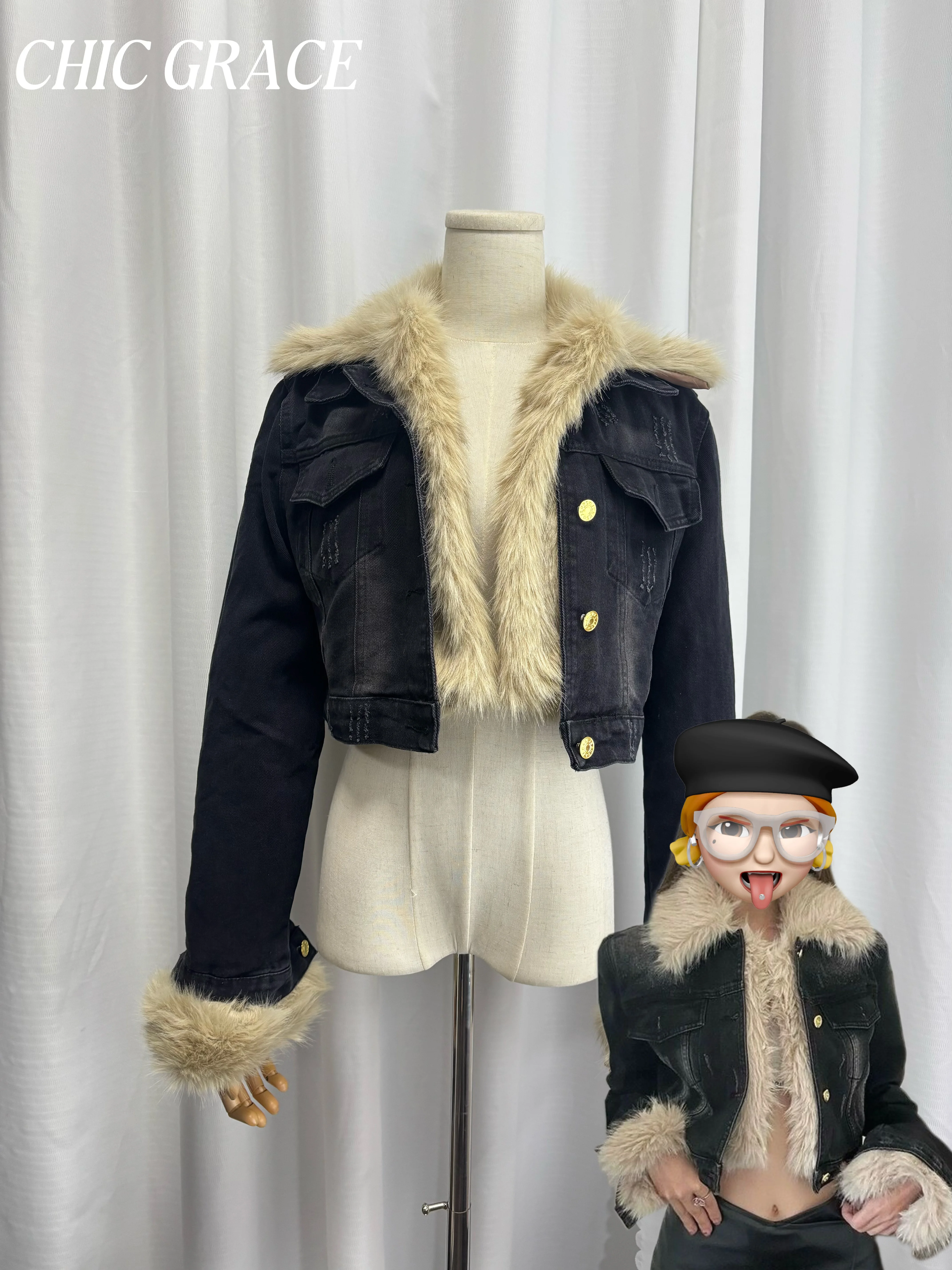 سترة نسائية صغيرة من قماش الدنيم باللون الأسود من صوف الضأن مرقعة سميكة ودافئة مبطنة بالقطن معطف مقصوص ملابس خروج عصرية للخريف #1