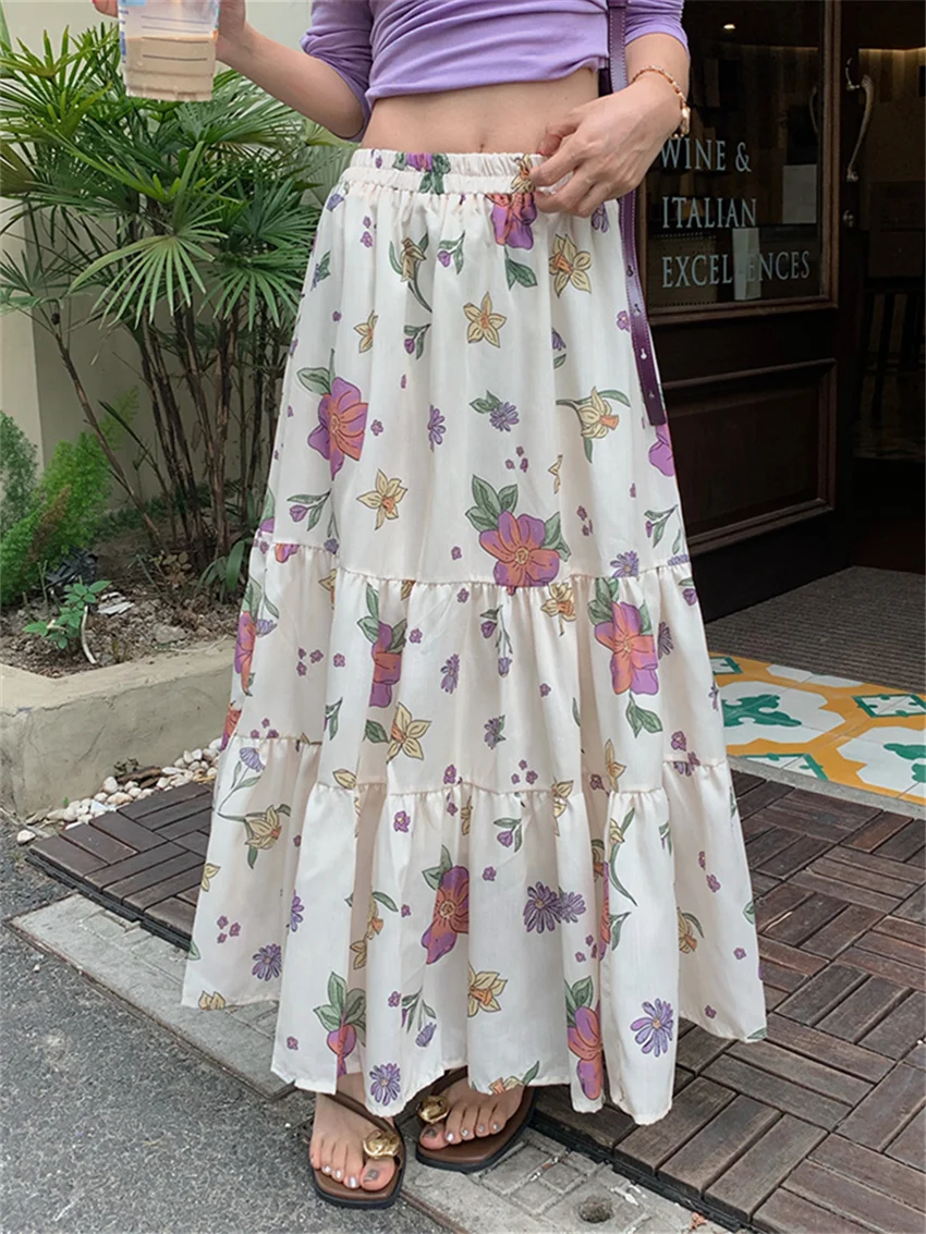 

Alien Kitty Elastic Waist Sweet Printed Maxi Skirts Women New Loose Gentle Casual Summer 2023 Florals Office Lady Vintage