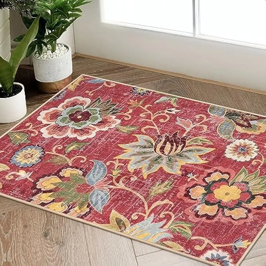 

Floral Kitchen Rugs Non Slip Washable 2x3 Red Ultra Thin Small Door Rugs for Entryway Indoor Vintage NonShedding Front Door Mat