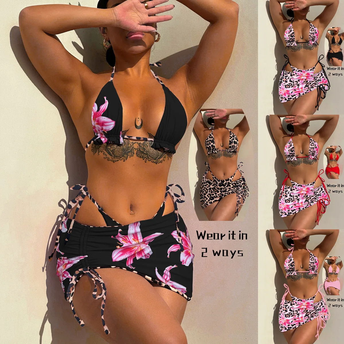 

3Pcs Bikinis Micro Thongs Swimsuit Women Bathing Suit Rings Biquini Bandage Beachwear Print Swimwear Sexy Bikini Sets With Chain