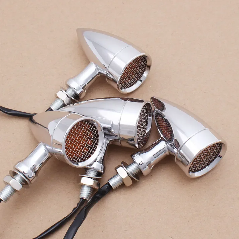

2pairs Motorcycle Aluminium Retro Bullet LED Turn Signal Lamp Brake Light Grid Cover Mesh Lens for Harley Chopper Bobber Honda