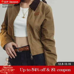 Maden Khaki Detroit Jackets for Women Vintage Turn-down Collar Workwear Jacket Spring and Autumn Canvas Coat Slim Fit