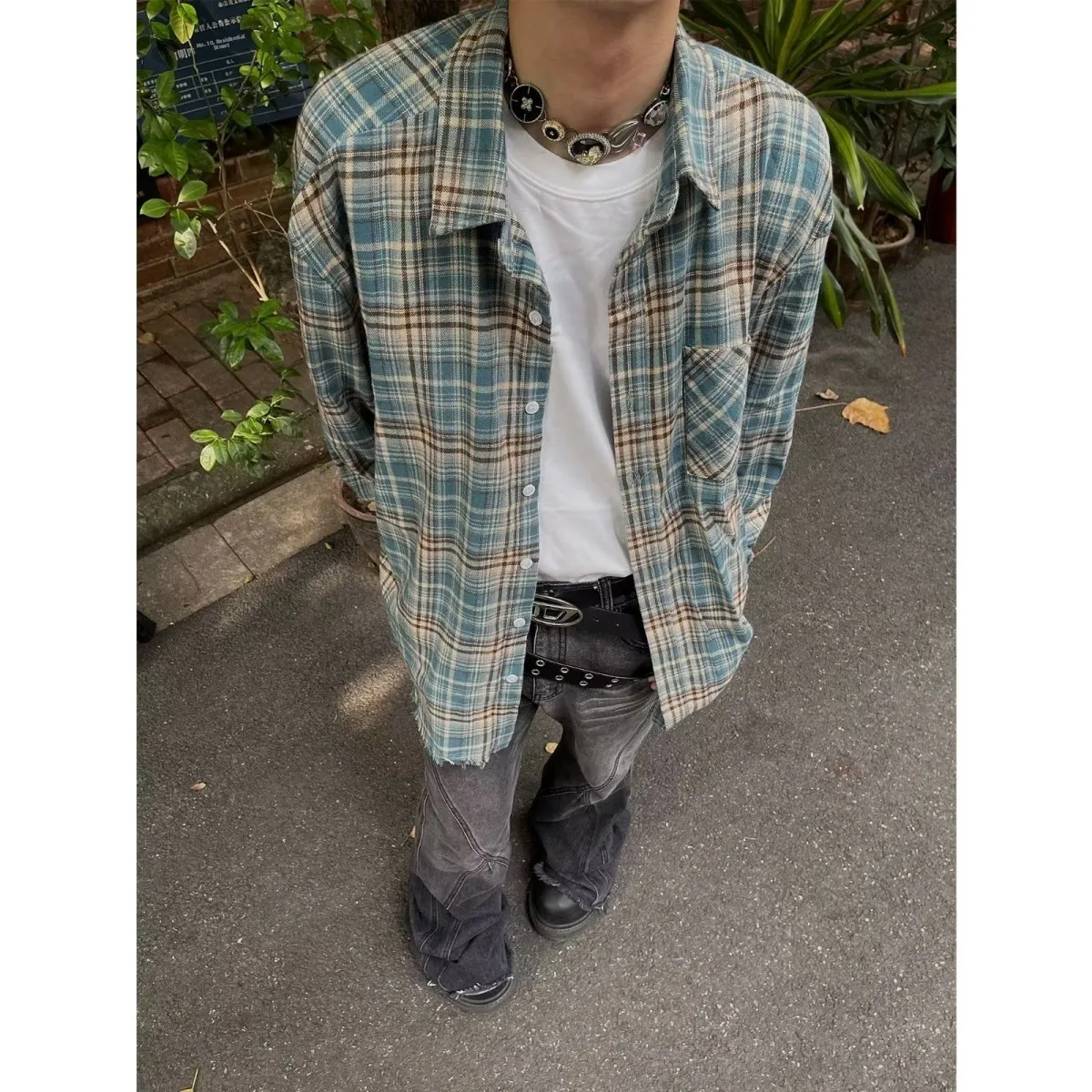 

Retro American Blue Plaid Men's Casual Shirt Street Style Premium Feeling Spring Autumn Trendy Loose Fit Long Sleeve Shirt
