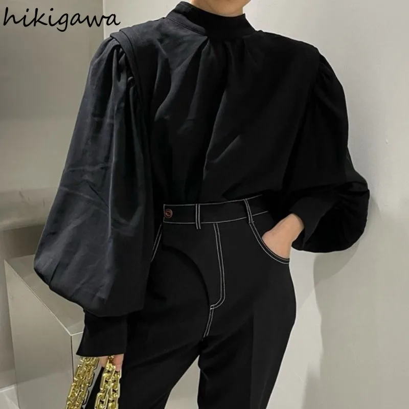 Korean Shirt Women Clothing Half High Collar Lantern Sleeve Blouses Loose Vintage Blusas De Mujer Folds Temperament Blouse Tops