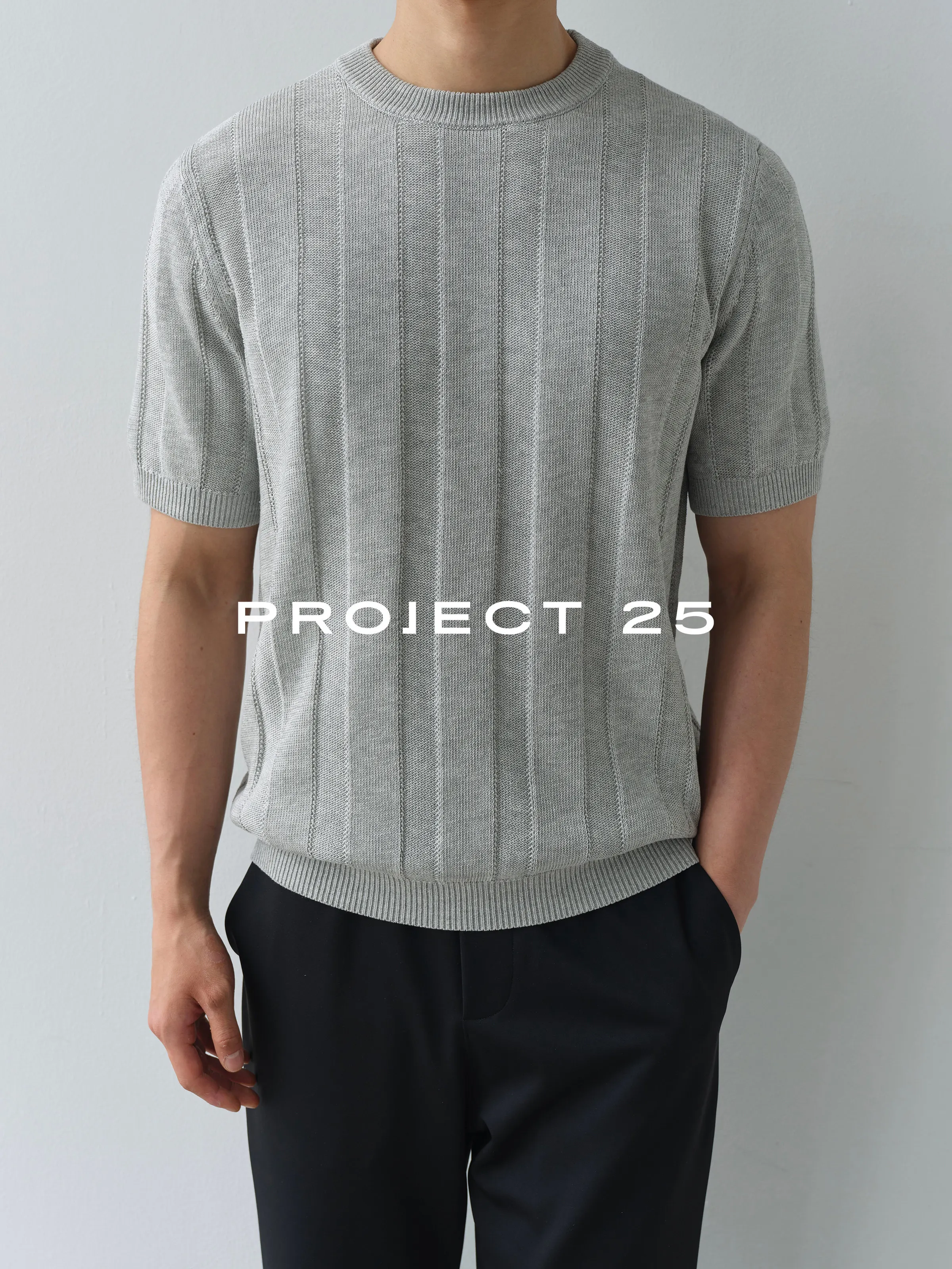 PROJECT 25 Men Linen Blend Vertical Jacquard Knit Crew Neck Short Sleeve T-shirt Old Money Retro