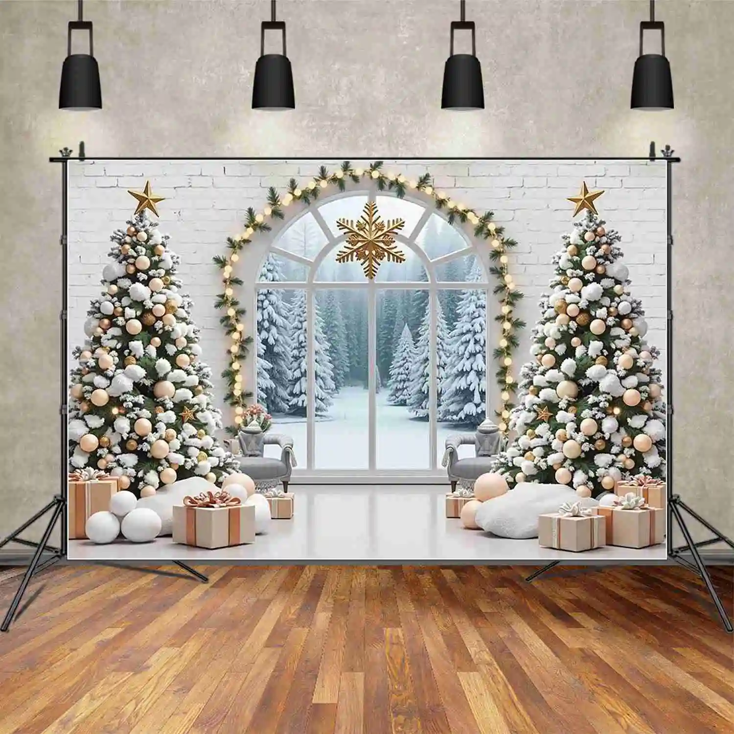 MOON.QG 2025 Christmas Photography Background Arch Window Fireplace Wooden Door Photocall Backdrop Child Studio Photobooth Props