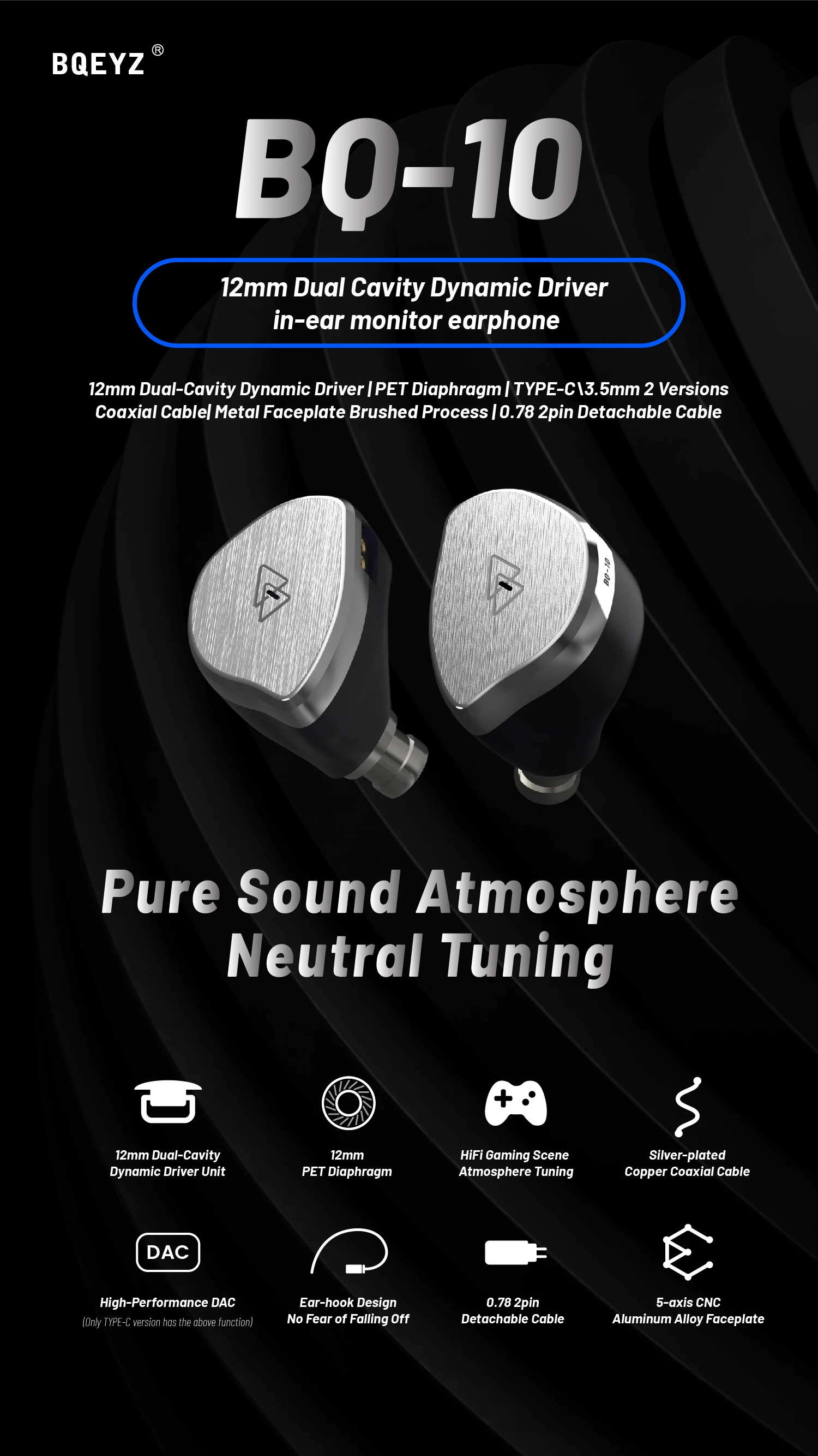 BQEYZ BQ10 12 mm PET-In-Ear-Kopfhörer mit dynamischem Treiber, HiFi-Kabelgebundene IEM-Gaming-Ohrhörer, 0,78 mm, 2-poliges, abnehmbares, versilbertes OFC-Kabel – Detail 1