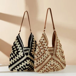 Women Straw Tote Bag Large Capacity Portable Vacation Shoulder Bag Casual Handbag Designer Hollow Weaving Summer Beach Purses