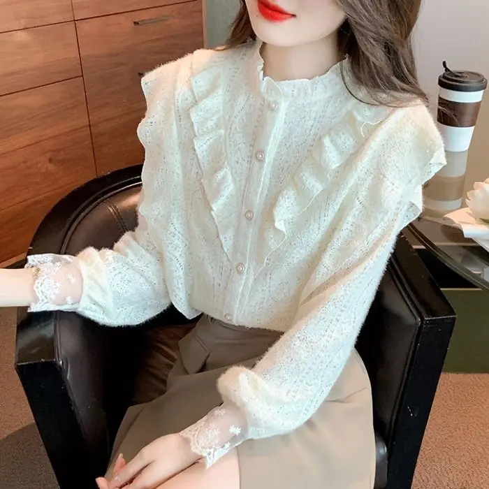 Women Fashion Solid Shirts Long Sleeve V Neck Ruffle Tops and Blouse Ruffles Casual Loose Sexy Club Shirt Female Streetwear T279