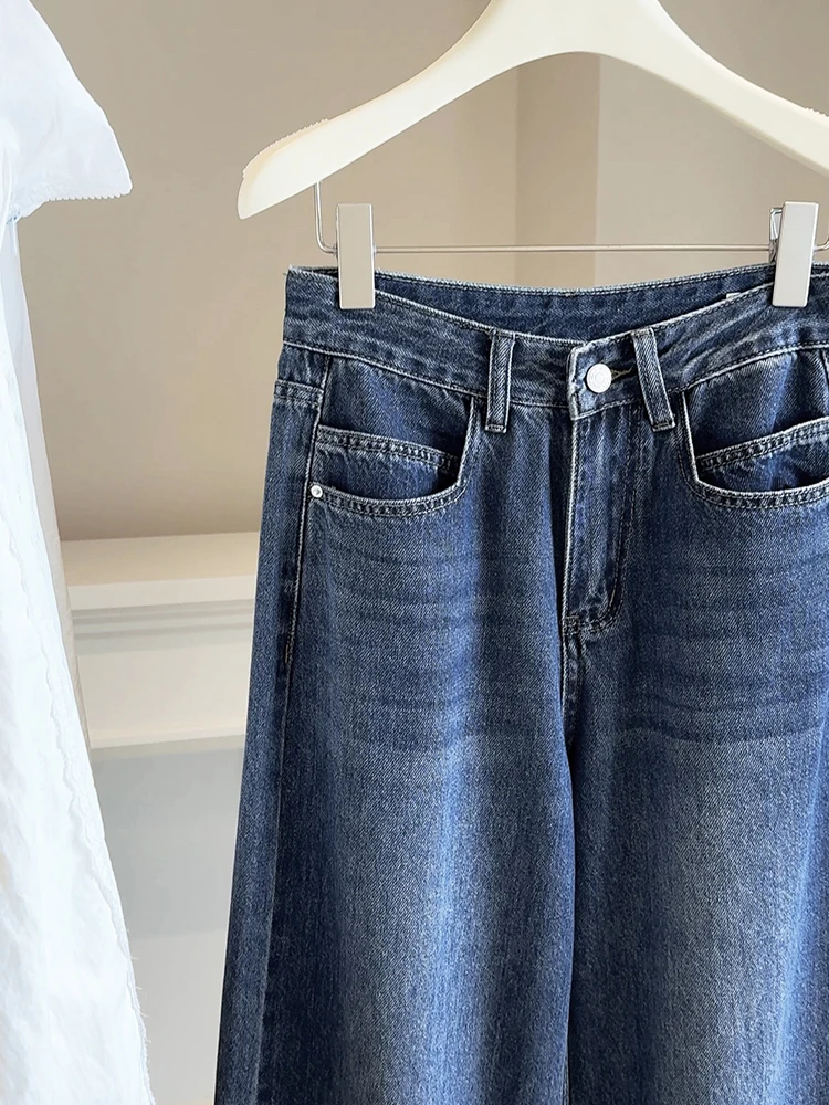 아메리칸 빈티지 블루 데님 바지 여성 가을 ​​하이 웨이스트 루즈 와이드 레그 팬츠 여성 캐주얼 발목 길이 청바지