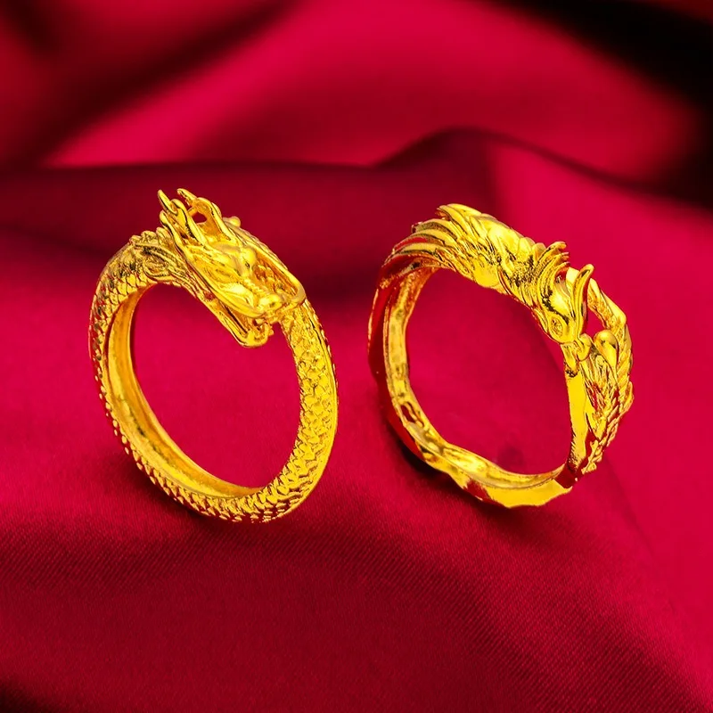 9999 24K pure gold adjustable gold ring, fashionable and simple gold dragon phoenix couple ring, birthday gift