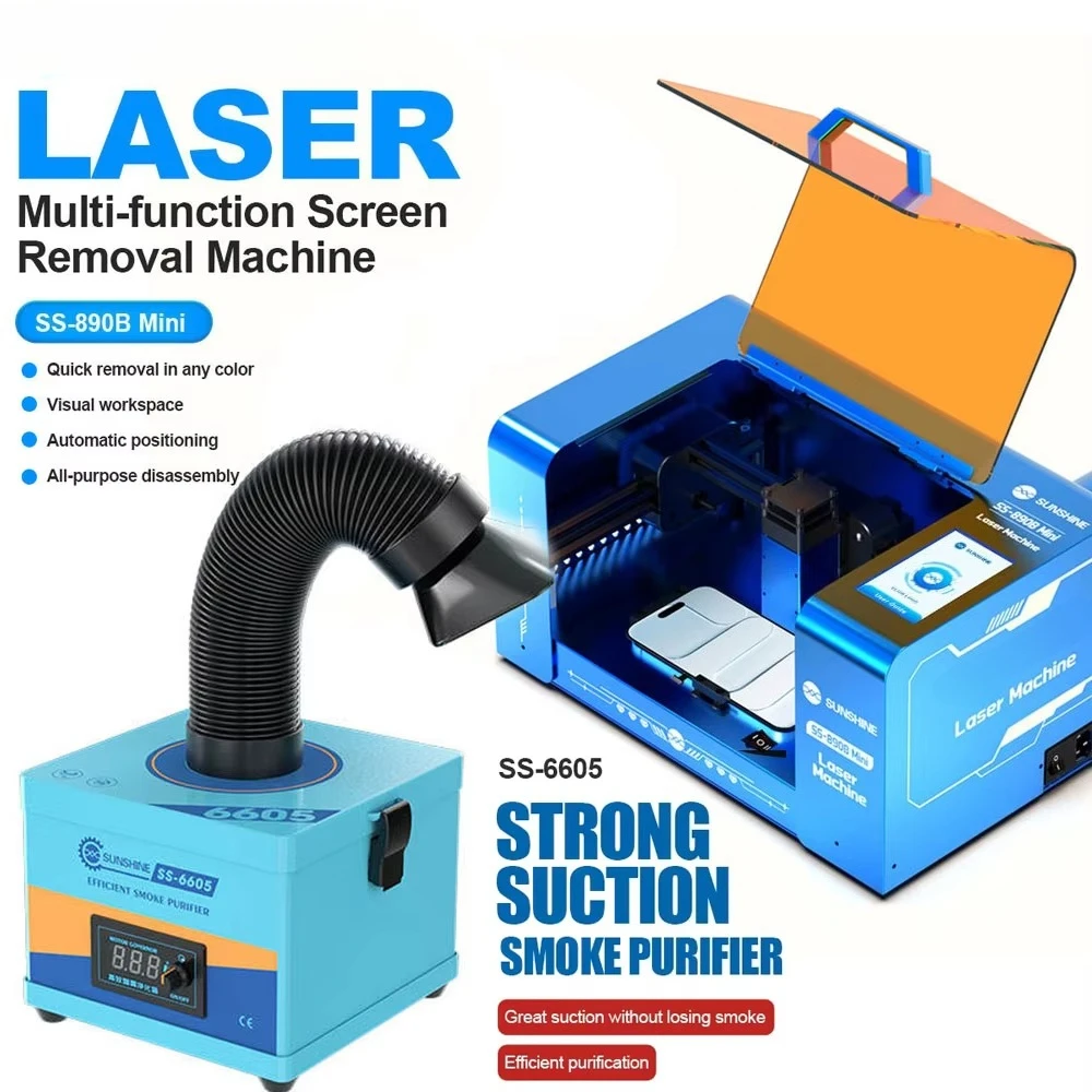 

SUNSHINE SS-890BMINI Laser Machine with SS-6605 Smoke Purifier Combo for Mobile Phone Back Glass Removal High Efficiency No Odor
