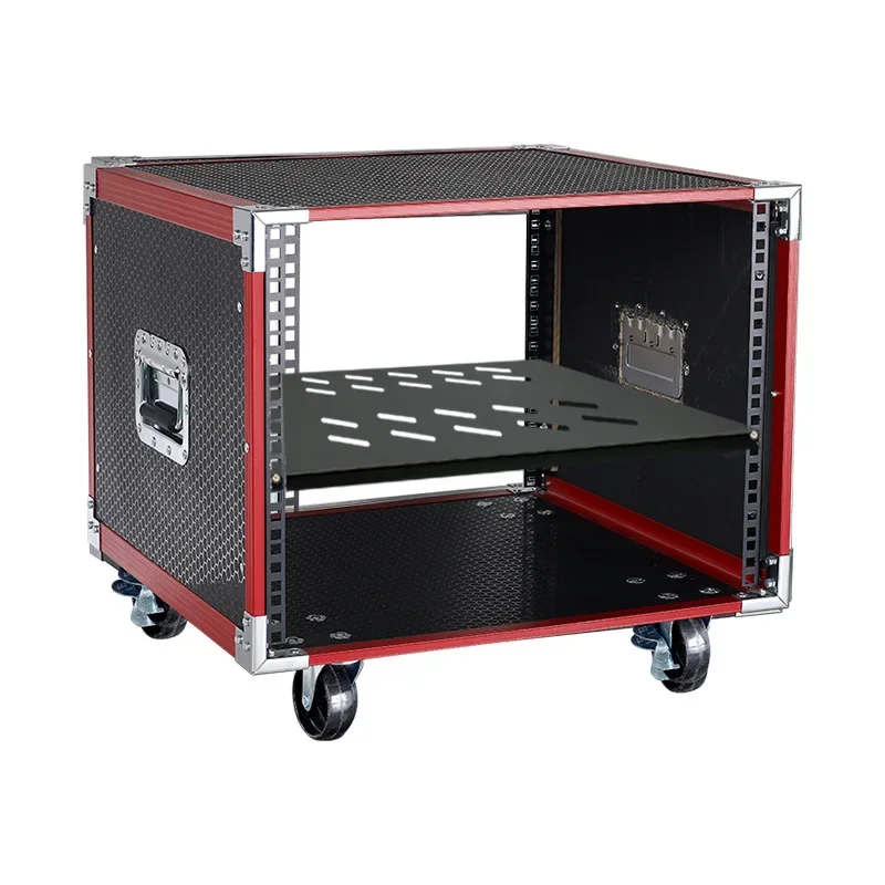 10U 12U 16U Shockproof Flight Case Rack, Red Edge Reinforced Audio Equipment Cabinet for DJ Stage, Portable PA System Rack
