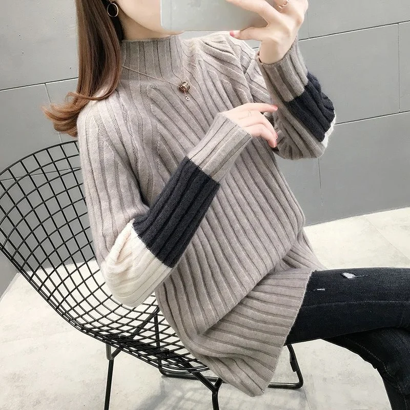 2023 Winter Ladies Sweater Warm Pullover Commuter Elegant Top Casual Women's Tops Retro Vertical Striped Knitting Jumper T308