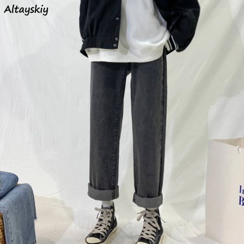 Jeans Women Straight Casual All-match Gray Trendy High Waisted Vintage New Solid Femme Clothing Bottom Denim Pantalones Vaqueros