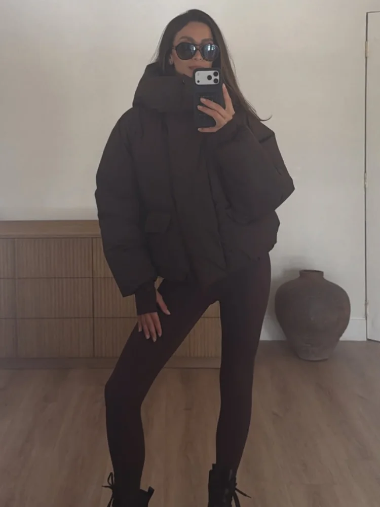 Women High Street Cotton Quilted Coats Warm Stand Zipper Loose Oversize Long Sleeve Short Jackets Autumn Winter Fashion Outwear