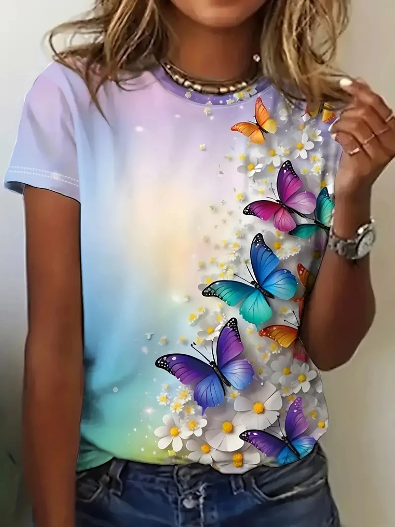 Fashion 3D Butterfly Print T Shirt For Women Summer Casual O-neck Short Sleeve Tops Kawaii Girl Tees Loose Trend Ladies Clothing