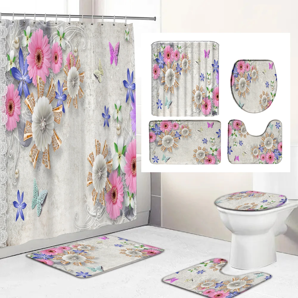 Elegant Bouquet of Fantastic Flowers 3D European Style Shower Curtain Bathroom Curtain and Bath Rug Carpet Set Floral Home Decor