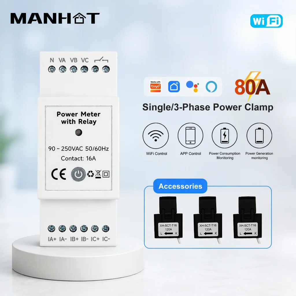 MANHOT Wifi Single/3-Phase Power Clamp 80A/120A Bidirectional Monitor Current Voltage PV Solar Power Energy Meter 3 CT Clamps