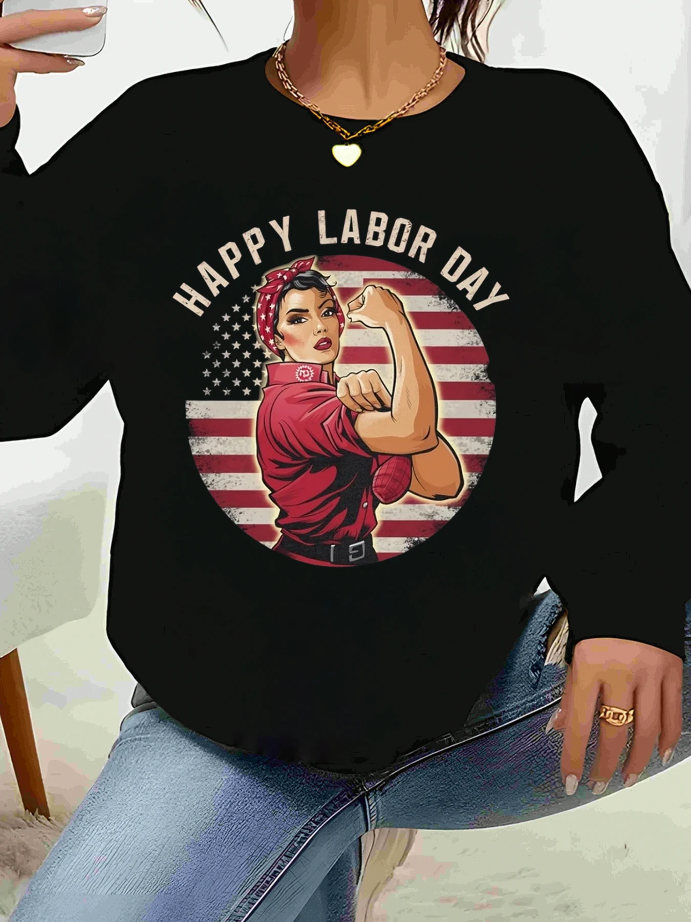 تي شيرت كاجوال بأكمام طويلة مطبوع عليه يوم العمال السعيد من Rosie the Riveter للنساء #1