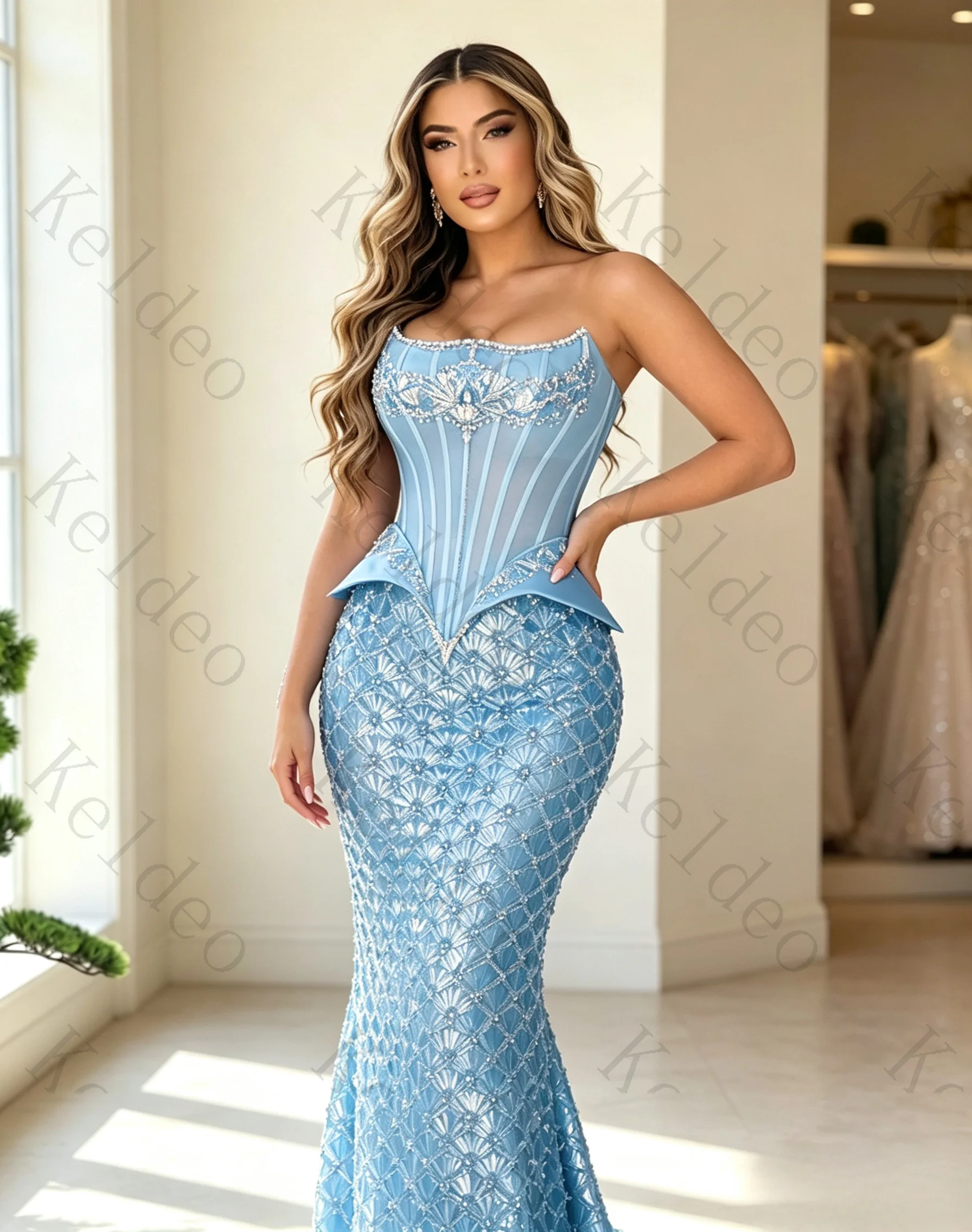 Customized Sparkly Sky Blue Sequin Mermaid Evening Gown, Beaded Sweetheart Prom Dress for Wedding Party and Formal Occasions