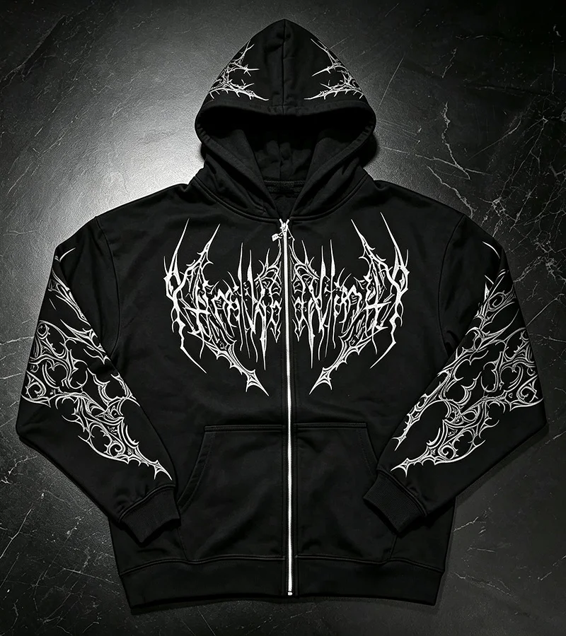 Herren Alt Gothic Zip-Up Hoodie Y2k High Street American Style Dunkler Dornen-Print Fleece-gefütterter Loser Biker Herbst-Winter-Sweatshirt – Detail 5