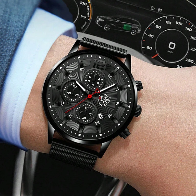 DEYROS Watches for Men Business Casual Stainless Steel Watches Fashion Mens Quartz Wristwatch Calendar Date Bracelet Set