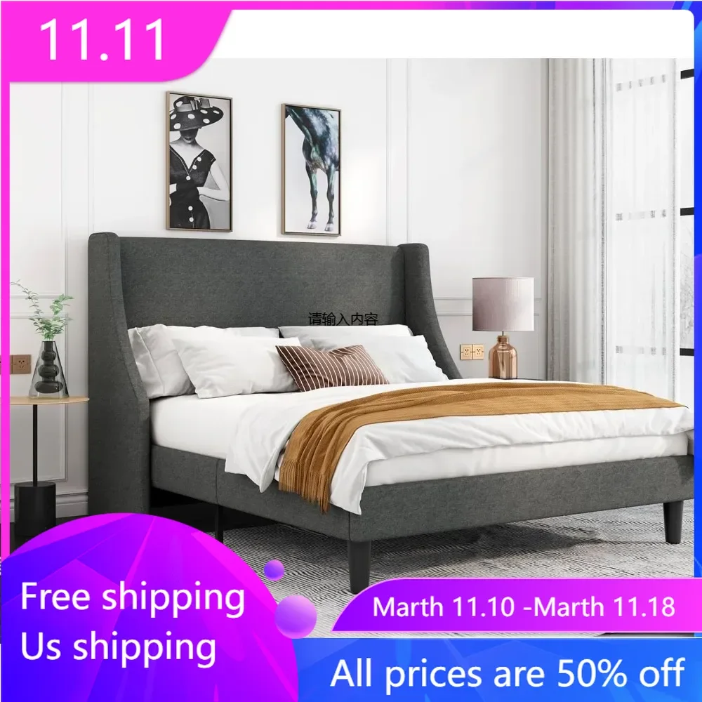 

Queen Bed Frame, Platform Bed Frame Queen Size with Upholstered Headboard, Modern Deluxe Wingback, Wood Slat Support, Mattress