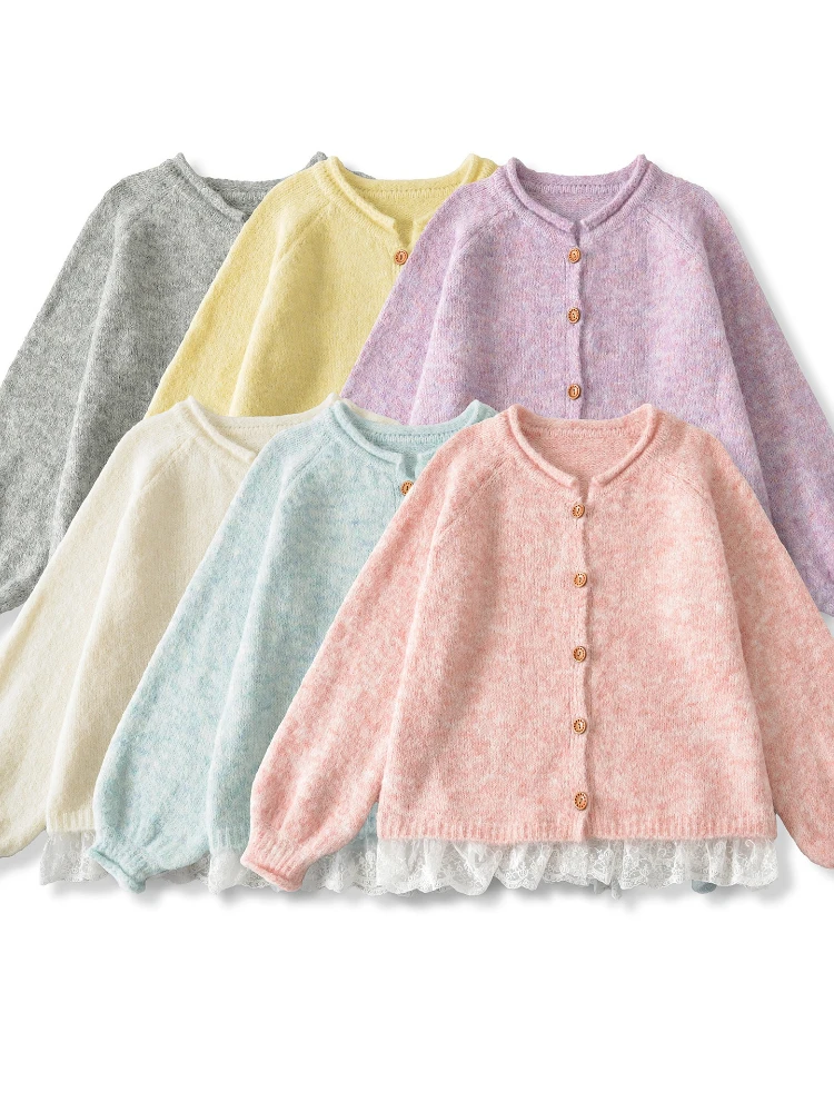 

Korobov Французские милые кружевные лоскутные универсальные однотонные однобортные топы с круглым вырезом и длинными рукавами Pull Femme