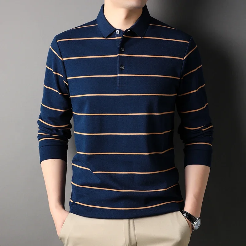 New 100% Cotton Men's Polo Shirts Spring Autumn Long Sleeve Striped Casual Man Polo Shirts Classical Simple Man Tees 3XL