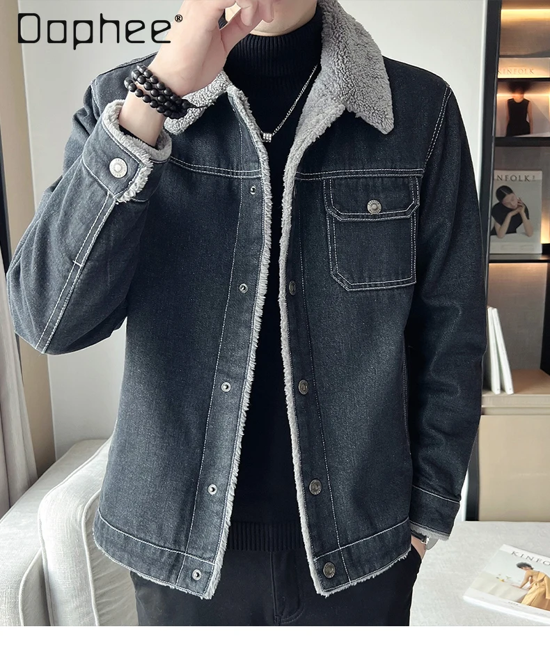 

Winter New Hot Sale Men's Turn-Down Collar Single-Breasted Fleece-Lined Thick Loose Casual Black Blue Denim Jacket