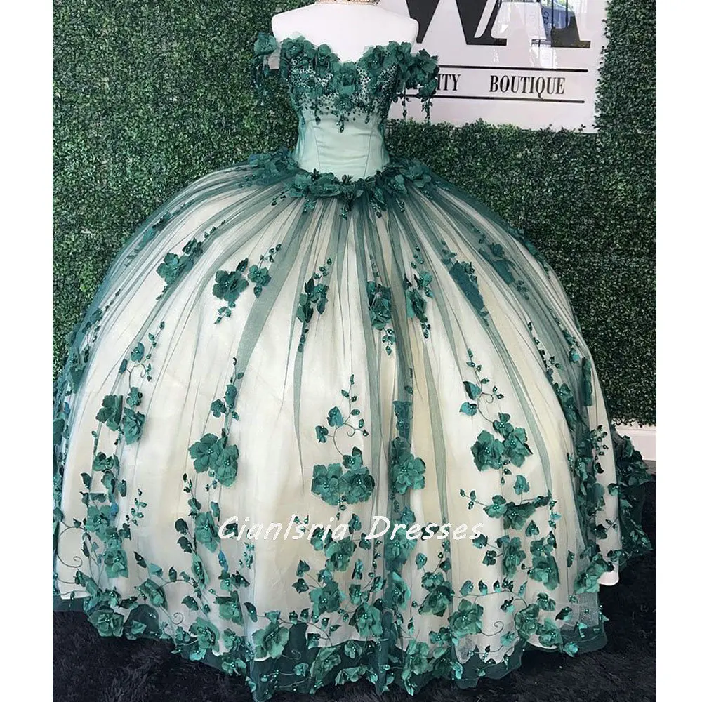 Vestido De quinceañera verde esmeralda con hombros descubiertos, vestido De baile De XV Años, flores 3D, encaje De cristal dulce 15 desfile