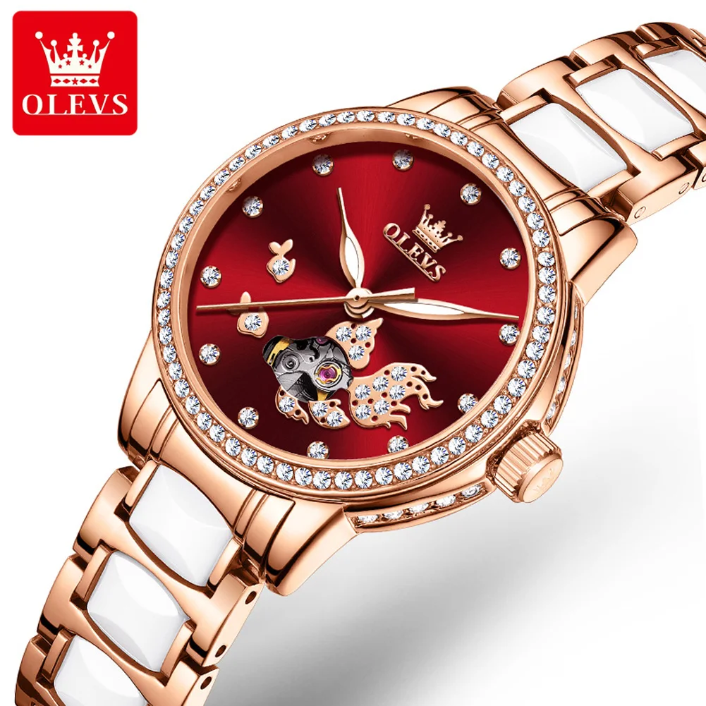 OLEVS 7001 Automatic Mechanical Watch For Women Original Waterproof Ceramic Strap Ladies Top Brand Luxury Gift Reloj Para Mujer