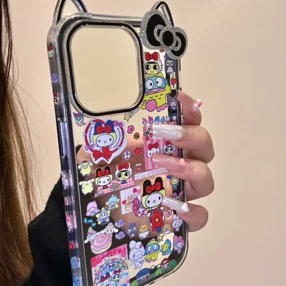 Kawaii маленький чехол для телефона с бантиком для тамагочи электронных домашних животных Hello Kitty для IPhone 16, 15, 14, 13, 12, 11 Pro Max с прозрачной задней панелью