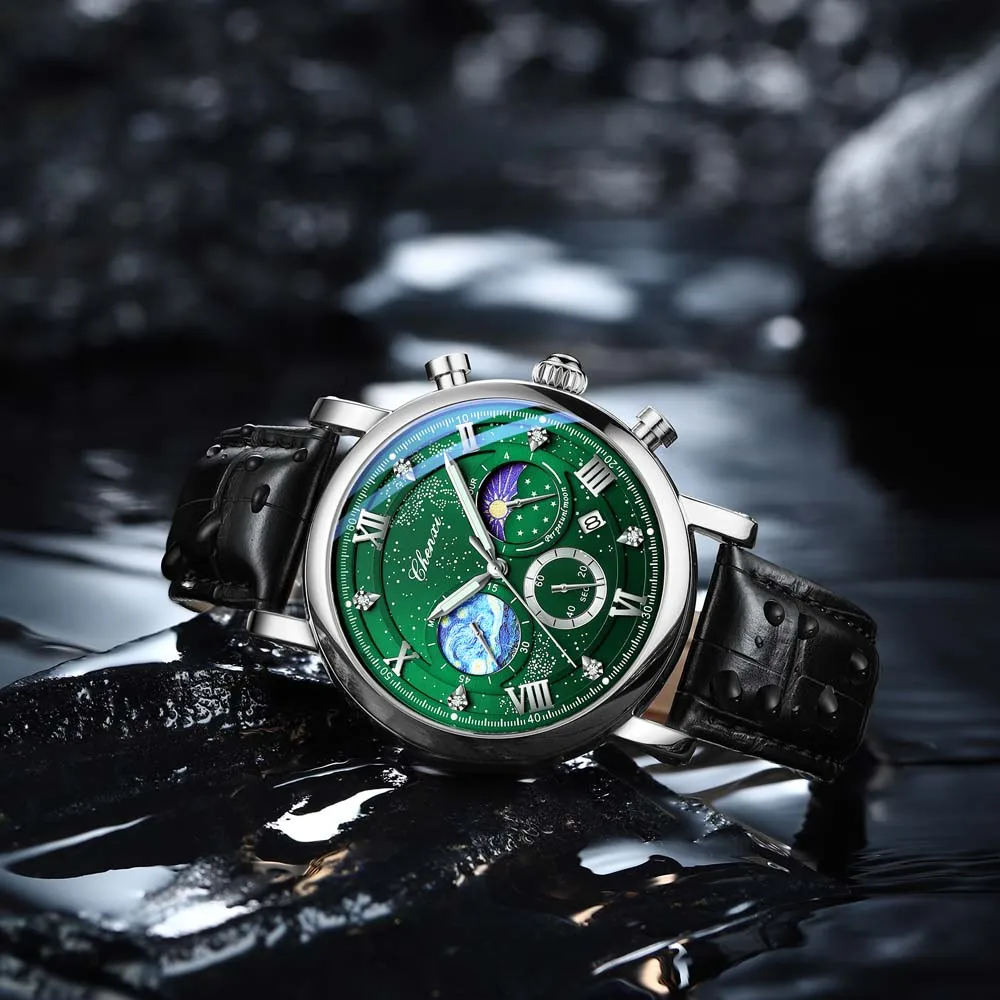 CHENXI 新しい男の腕時計多機能クロノグラフムーンフェイズ日付クォーツ時計スカイダイヤルレザーストラップ腕時計リロイ Hombre