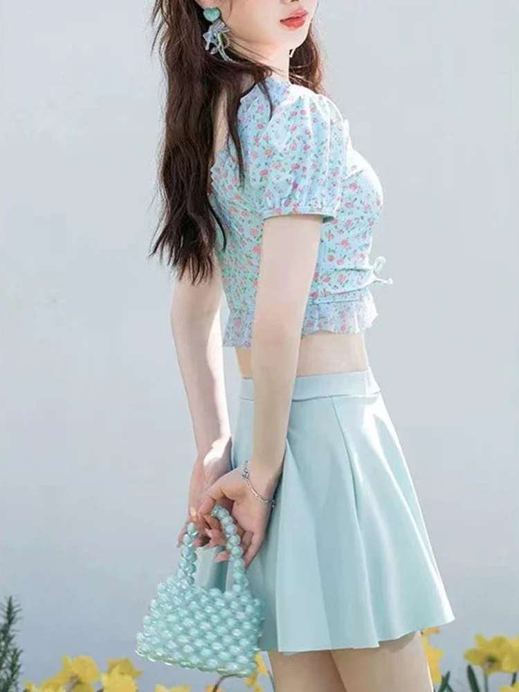 OIINAA Stampa Costume da bagno Donna Coulisse Lace Up Manica corta Bikini Set Carino Dolce Spiaggia Gonne Estate 2025 Primavera calda Costumi da bagno